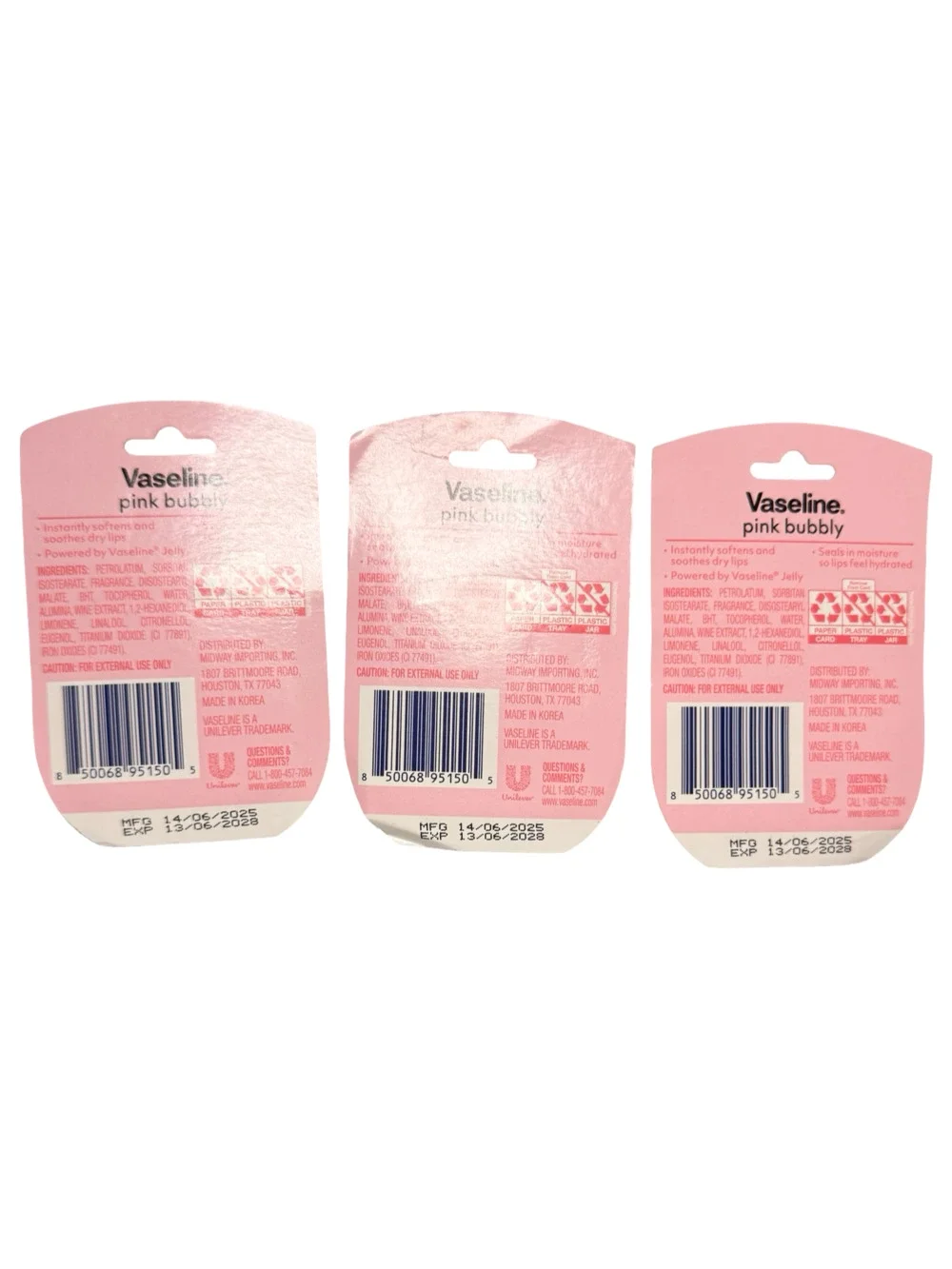 Vaseline Limited Edition Lip Therapy Pink Bubbly Lip Balm 0.25 oz (Lot of 3)